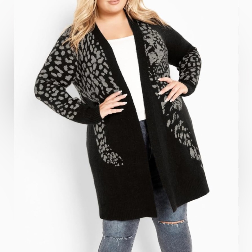 Loralette Cardi Lena Black and Gray Leopard Print Long Sleeve Sweater SZ 18 NWT
